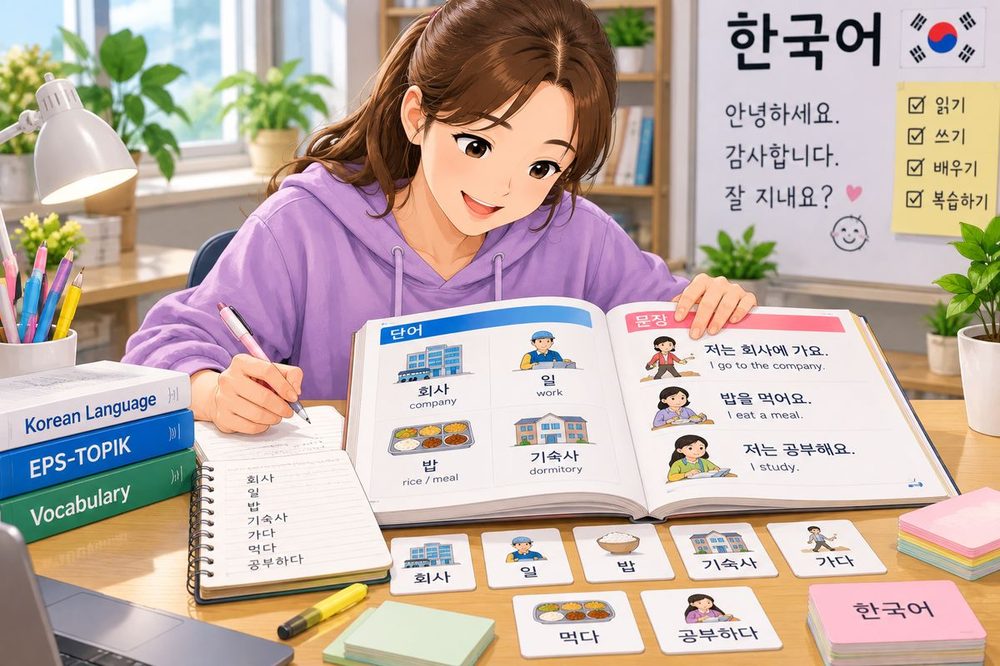 Joy studies Korean at her desk