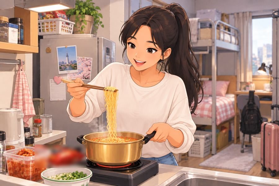 Joy cooking ramyeon in the dormitory kitchen