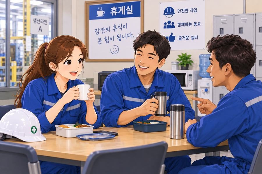 Joy and two co-workers take a break together in the break room