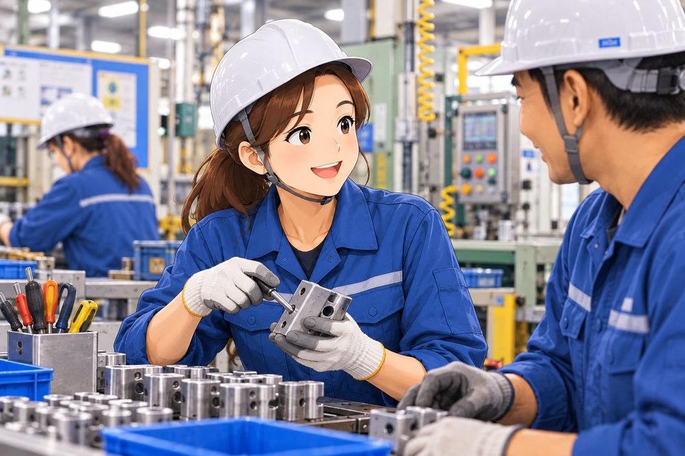 Joy working at a factory