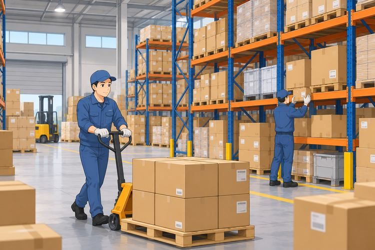 A warehouse with boxes stacked on shelves