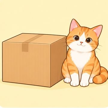 a cat sitting next to a cardboard box
