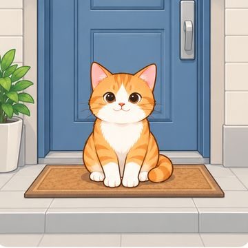 a cat sitting outside the front door