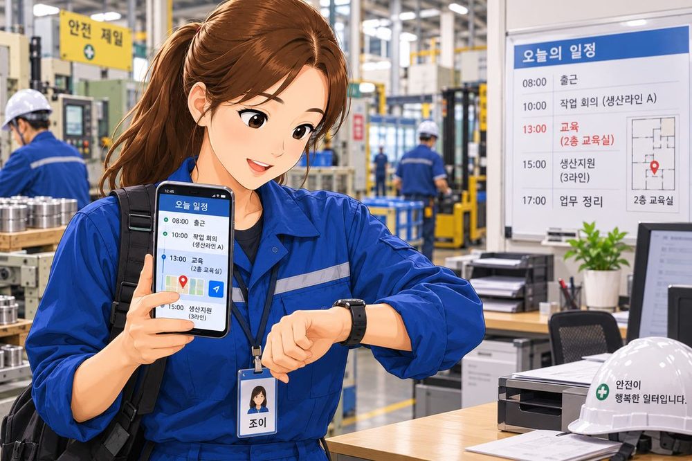 Joy checks her watch and her schedule at the factory
