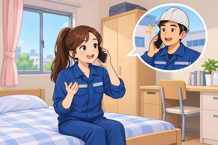 Joy talks on the phone with her team leader from her dormitory room
