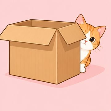 a cat peeking out from behind a cardboard box