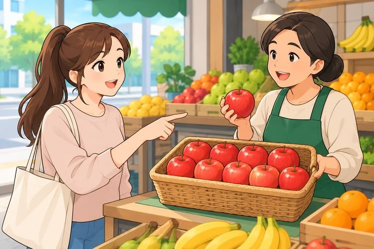 Joy orders apples at a fruit shop; the clerk shows a basket of apples