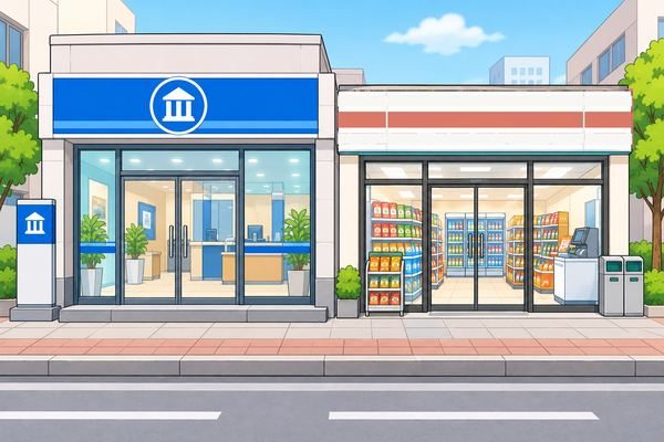 A bank and a convenience store side by side on a street