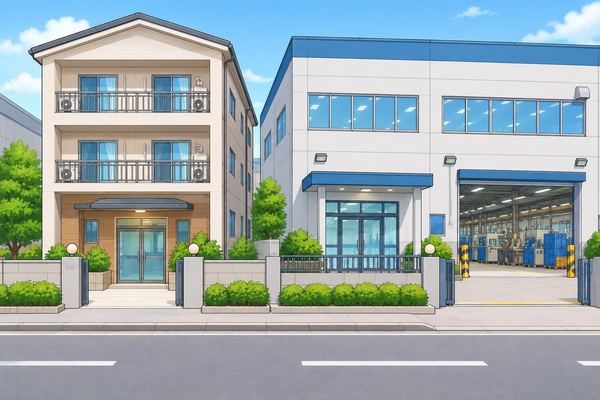 A dormitory building right next to a factory